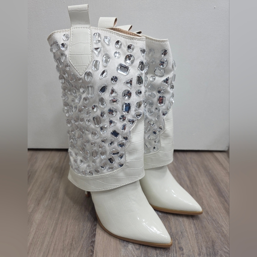 Lauren Lorraine Hana White Rhinestone Stiletto Cowboy Boot Size 8 - New In Box - Picture 3 of 12